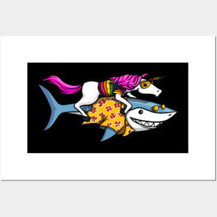 Funny Unicorn Riding Ocean Shark Posters and Art